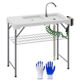 Outsunny Folding Fish Cleaning Table with Sinks, Portable Camping Sink Table with Faucet, Drainage Hose, Sprayer, Shelf, Drawer and Storage Baske
